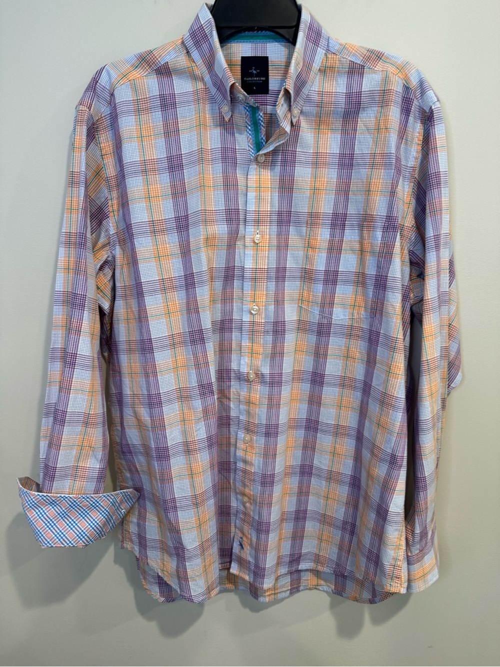 Tailorbyrd Men's Plaid Button-Down Shirt - Lavender & Orange Beach Vacation Sz L
